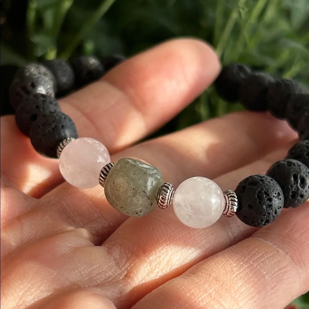 Handmade Labradorite + Rose Quartz Lava Bead Bracelet *